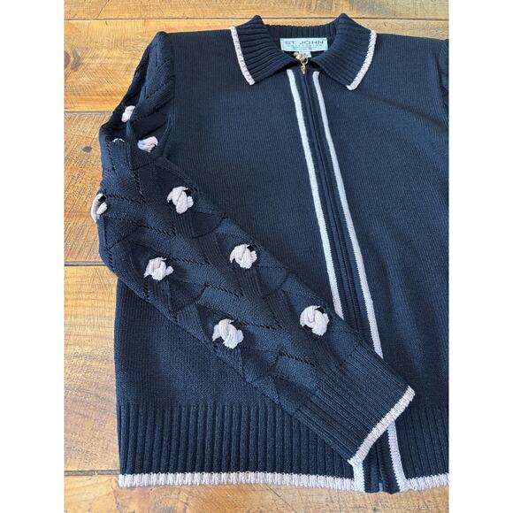 Womens St. John Black Full Zip Sweater Blazer Pink Trim Gold Zipper Size‎ 6 - Picture 7 of 11